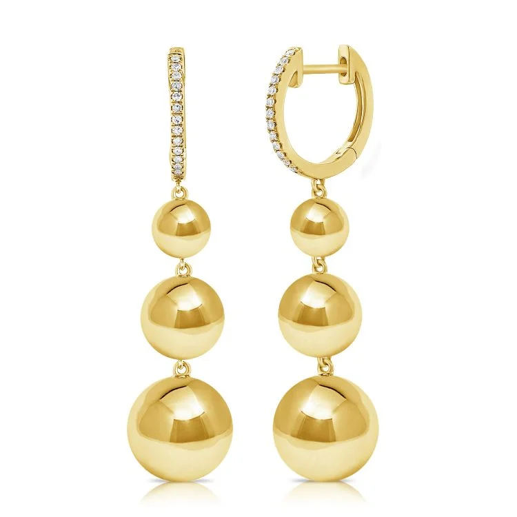 Trendy Gemstone Stud Earrings-Diamond Huggies with Dangling Gold Balls