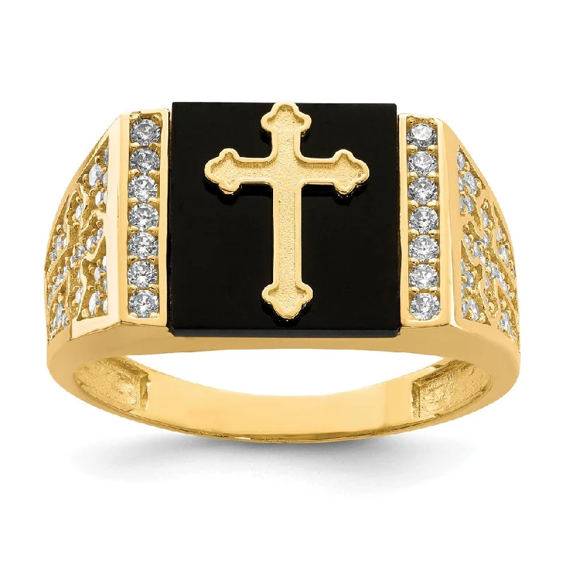 Affordable Designer Engagement Rings-10K Yellow Gold CZ and Onyx Cross Men'S Ring