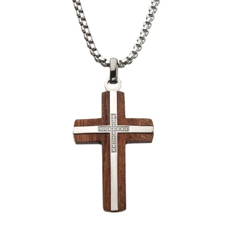 DIY Necklaces-Stainless Steel Bubinga Wood Cross Pendant Necklace