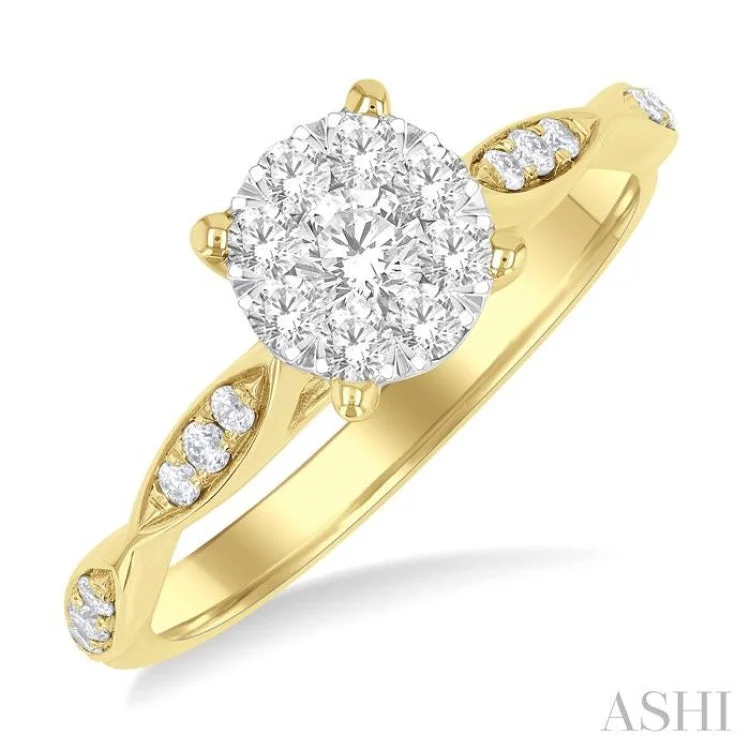 Designer Diamond Engagement Rings-1/2 ctw Round Shape Lovebright Marquise Carved Round Cut Diamond Engagement Ring in 14K Yellow and White Gold