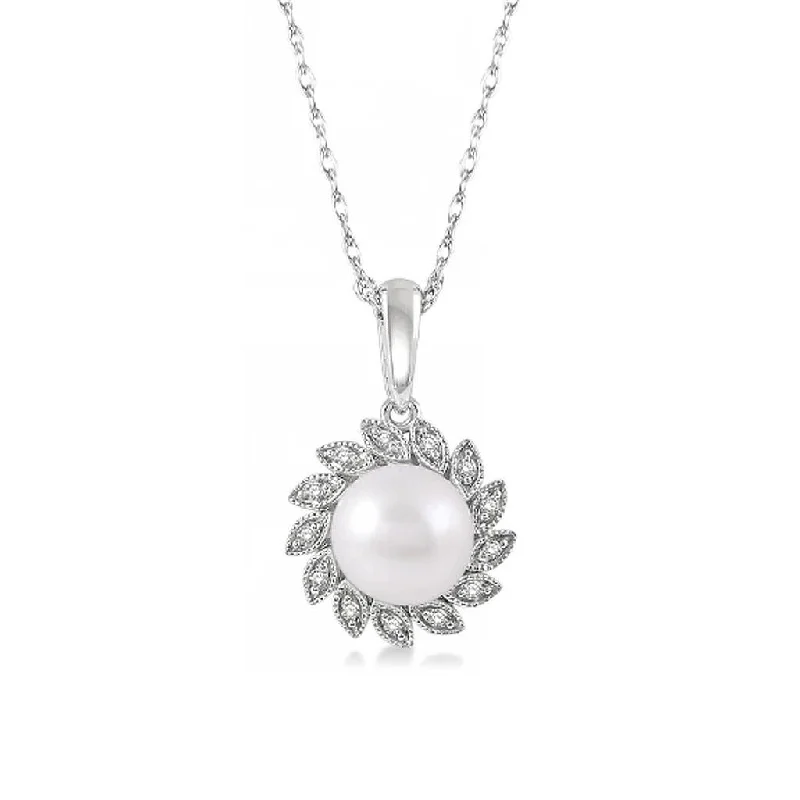 Custom Logo Necklaces-10K White Gold Sunflower Pearl And Diamond Pendant Necklace