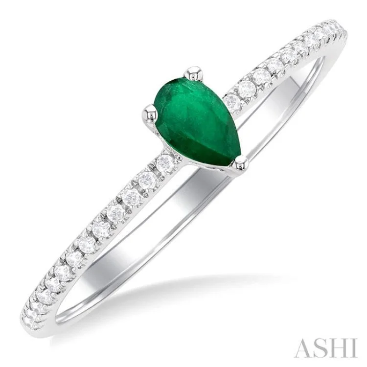 Designer Wedding Rings with Gemstones-5x3 MM Pear Cut Emerald and 1/10 ctw Petite Round Cut Diamond Precious Fashion Ring in 10K White Gold