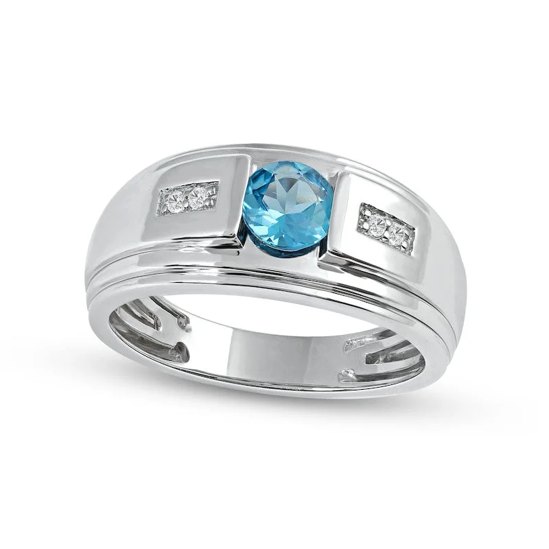 Personalized Wedding Bands for Couples-Men's 6.0mm Swiss Blue Topaz and 0.05 CT. T.W. Natural Diamond Stepped Edge Ring in Sterling Silver