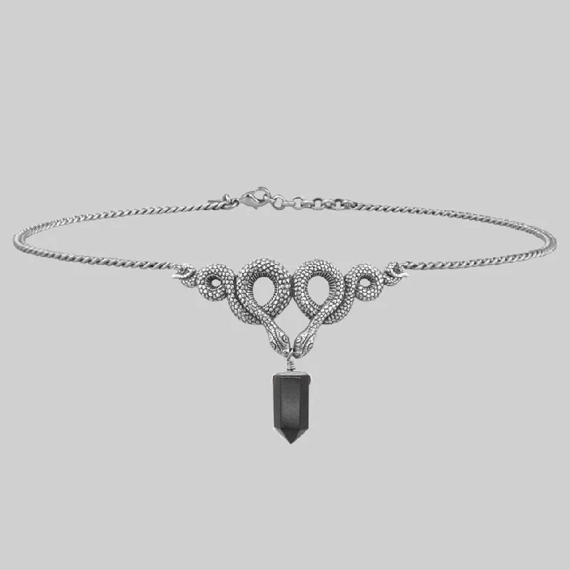 Valentine's Day Necklaces-A DARK LURE. Snake & Black Agate Gemstone Chain Choker