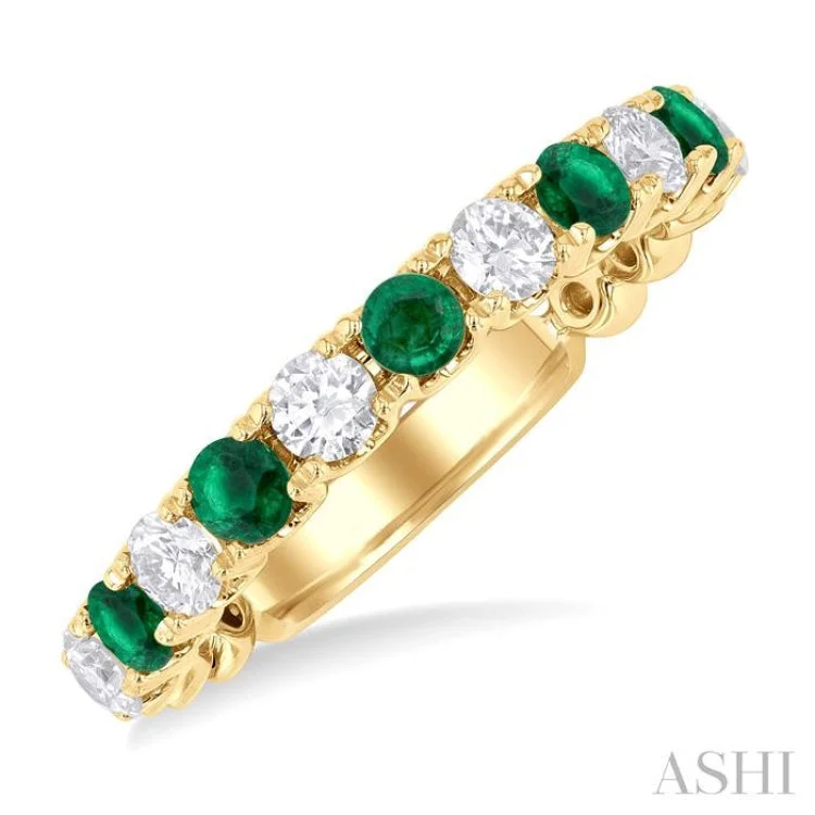 Custom Diamond Promise Rings-2.85 MM Emerald and 1/2 ctw Round Cut Diamond Precious Wedding Band in 14K Yellow Gold