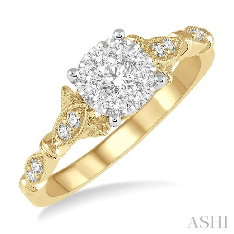 Custom Ring Sets for Women-1/2 ctw Marquise Shank Circular Mount Lovebright Round Cut Diamond Ring in 14K Yellow and White gold