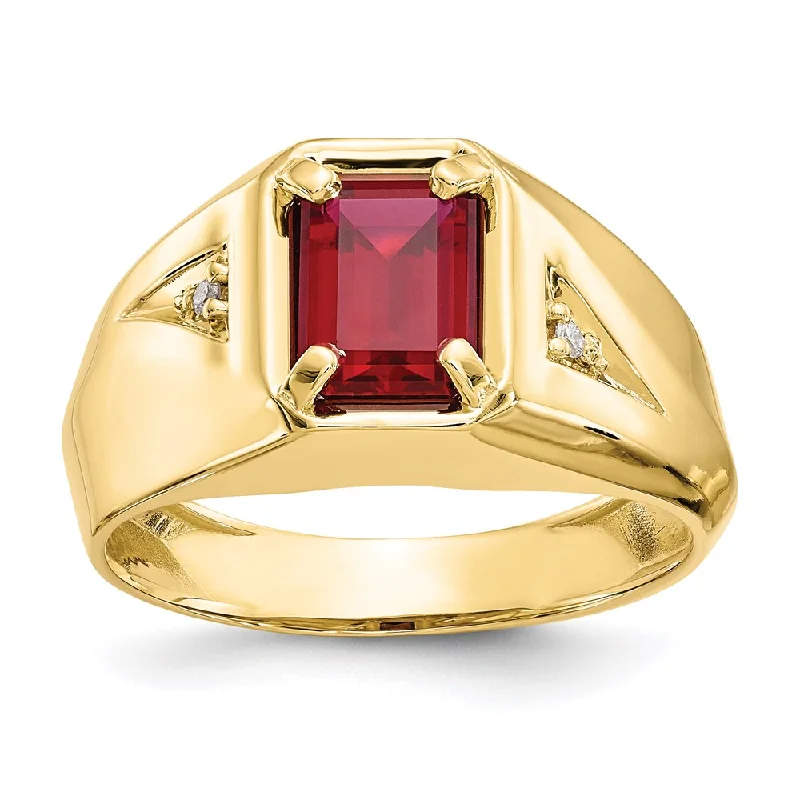 Fashion Diamond Engagement Rings-10K Yellow Gold Created Ruby & .02ct Real Diamond Men's Ring