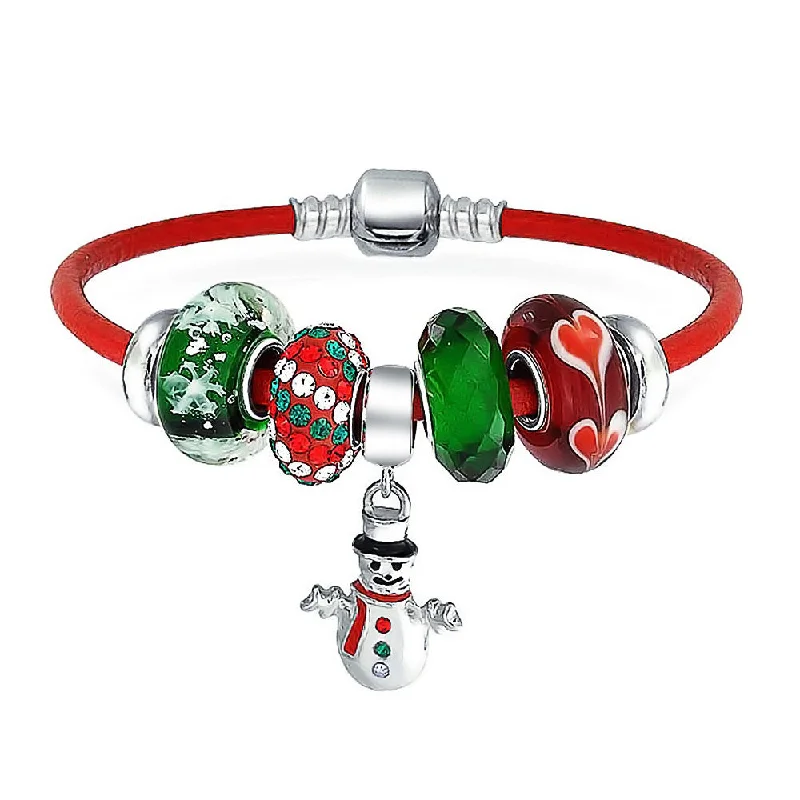 Inspirational Word Bracelets-Christmas Snowman Charm Bracelet Red Leather with Sterling Silver Clasp