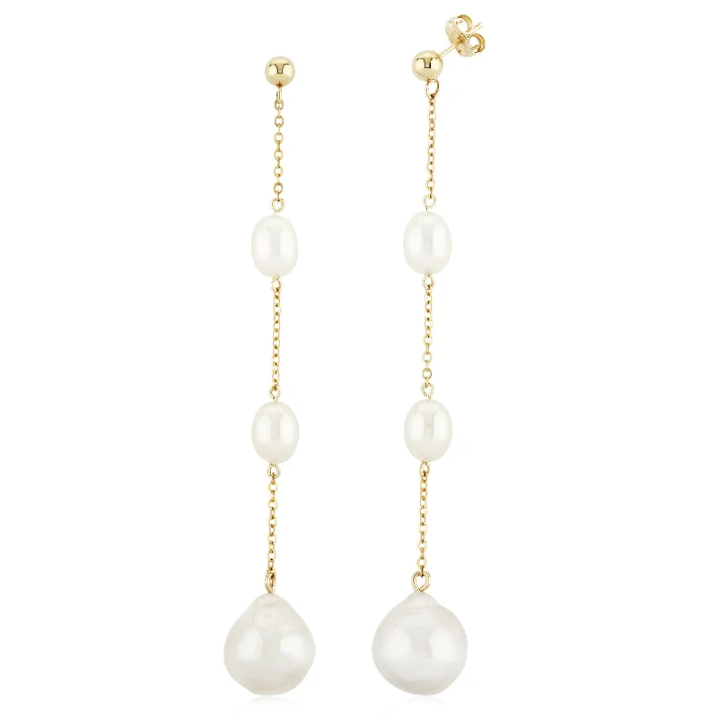 Crystal Drop Stud Earrings-Triple Baroque Pearl Dangle Earrings