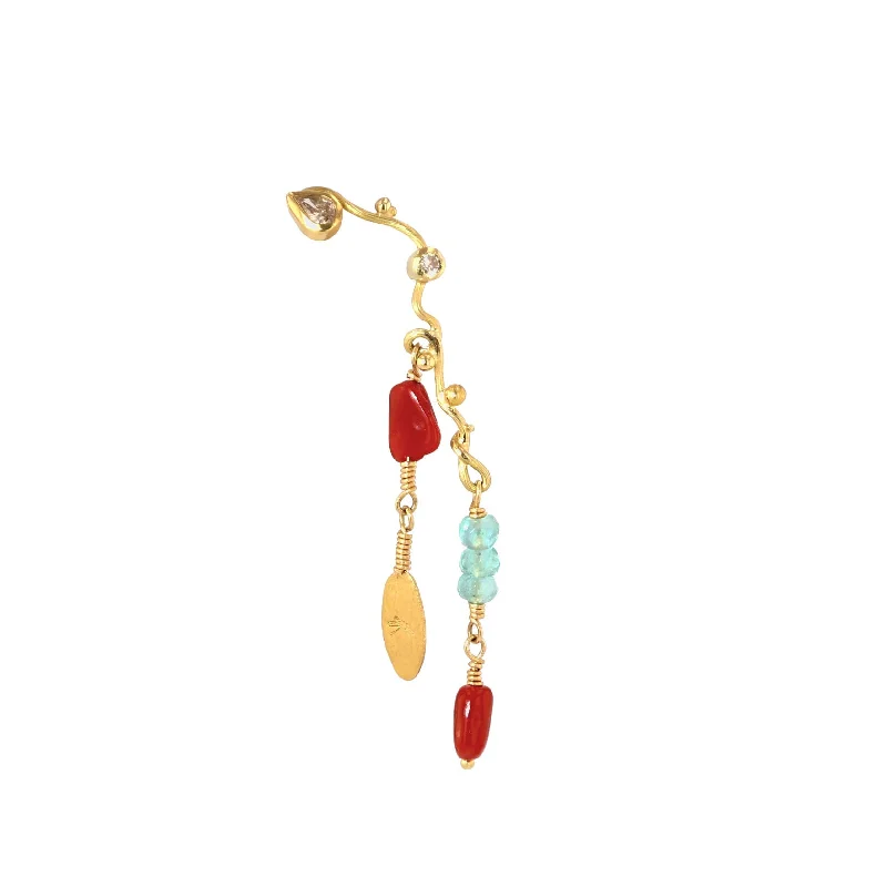 Large Crystal Drop Earrings-Seafire 18K & 22K Gold Earring w. Diamonds, Corals & Emerald