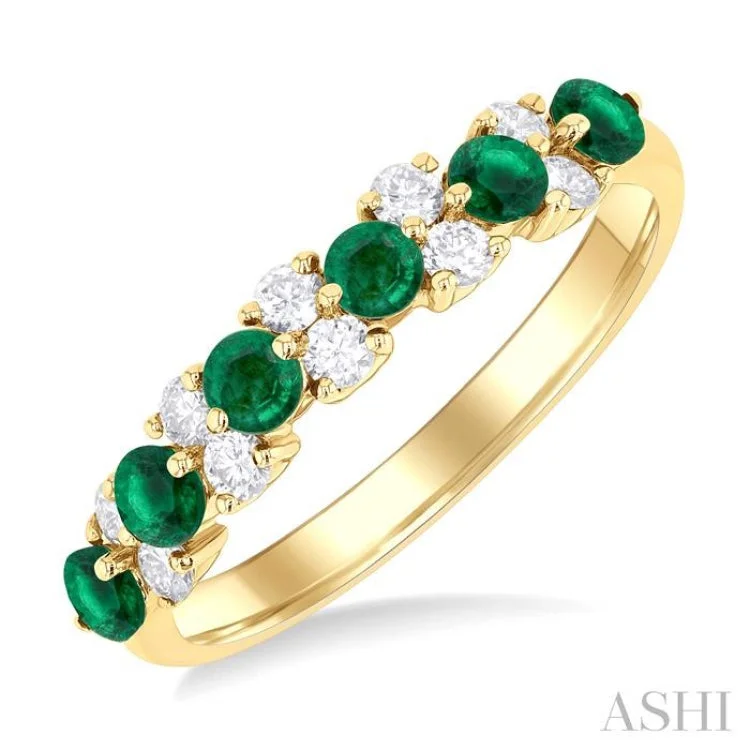 Designer Silver Promise Rings-2.7 MM Emerald and 1/3 ctw Round Cut Diamond Precious Band in 14K Yellow Gold