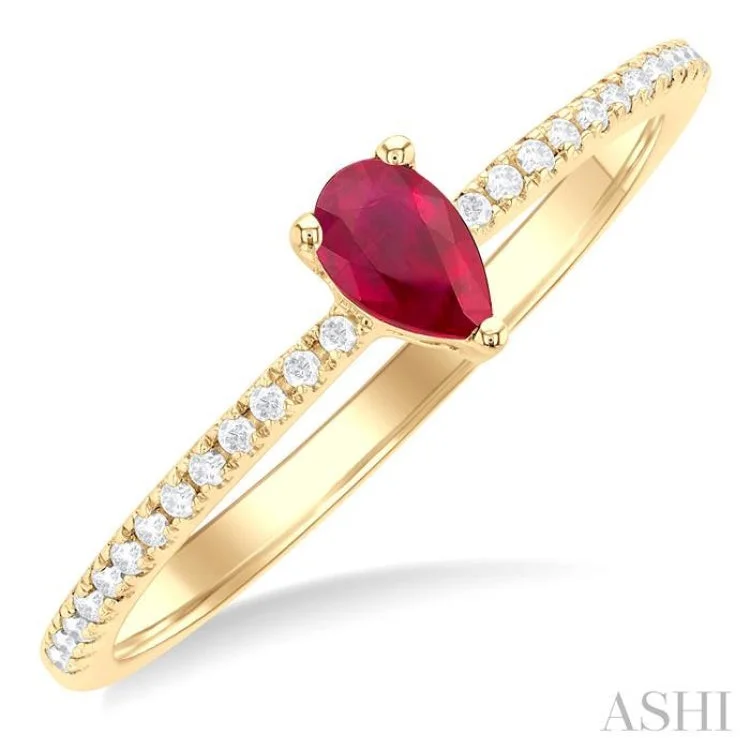 Fashionable Engagement Ring Designs-5x3 MM Pear Cut Ruby and 1/10 ctw Petite Round Cut Diamond Precious Fashion Ring in 10K Yellow Gold