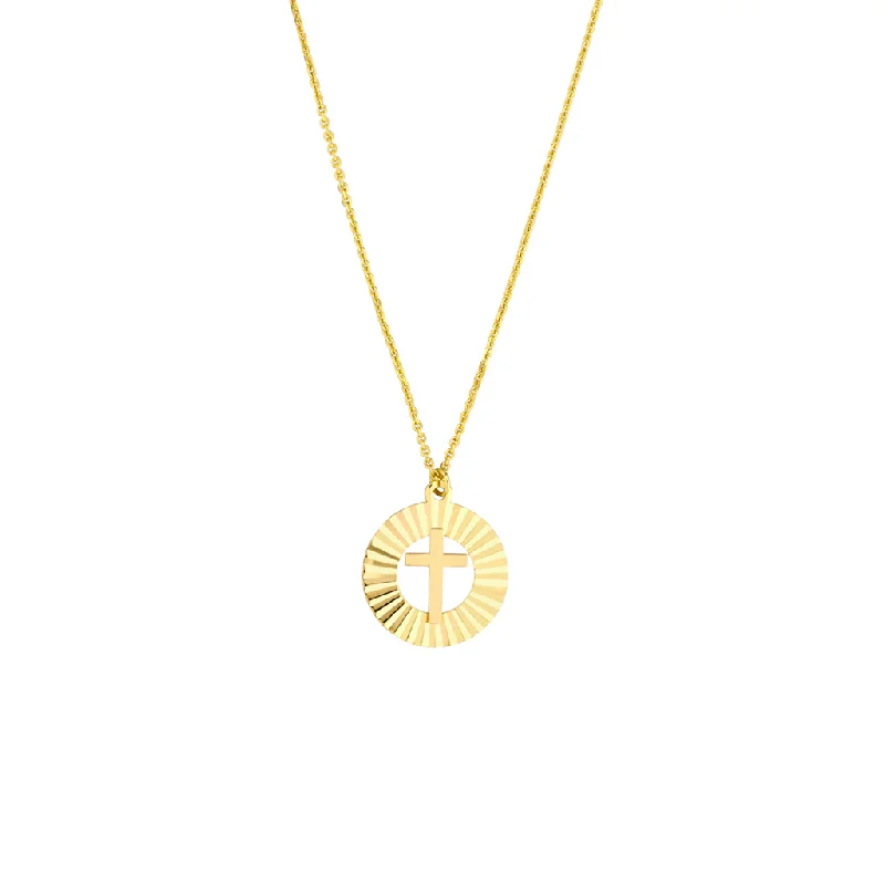 Spiritual Healing Necklaces-14K Yellow Gold Fluted Cross Medallion Adjustable Necklace