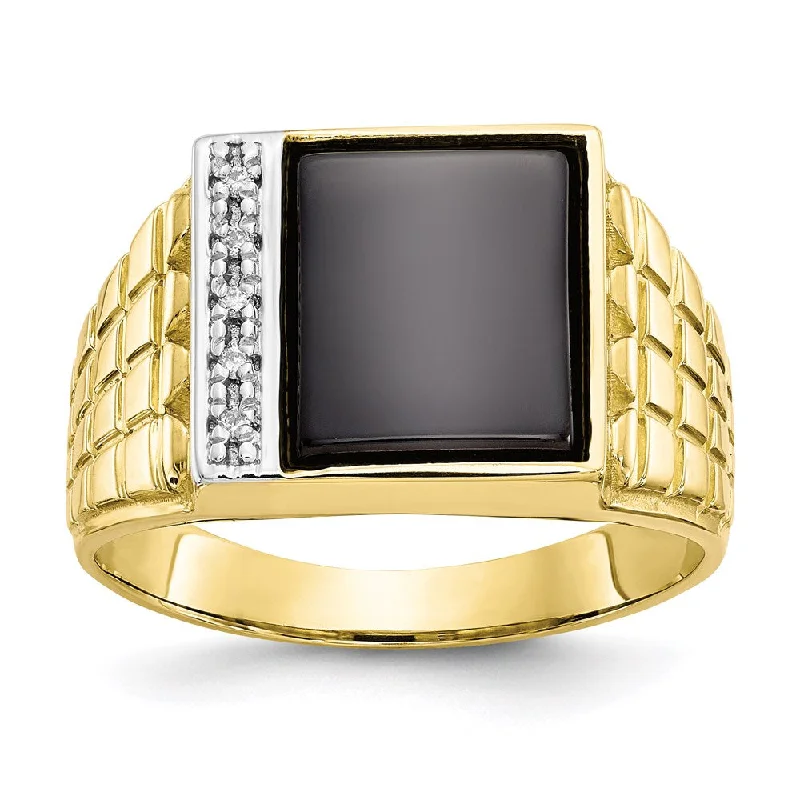 Customizable Promise Bands-10K Yellow Gold Onyx & .03ct Real Diamond Men's Ring