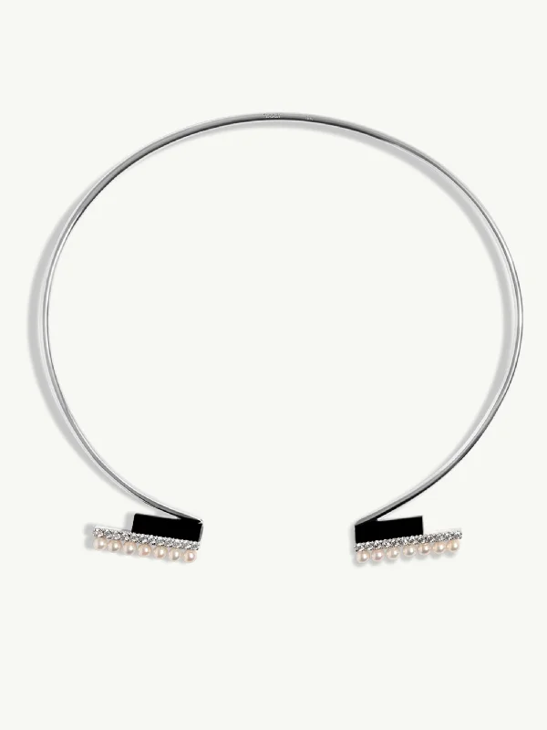 Fine Gold Necklaces-Invidia Black Onyx Column & Pavé-Set Brilliant-Cut White Diamond Collar Necklace With Freshwater Pearls In 18K White Gold