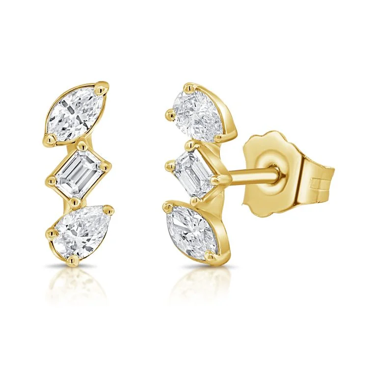 Bold Silver Earrings-Mixed Shapes Trio Diamond Studs