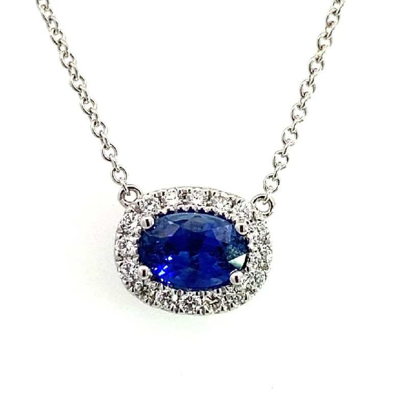 Men's Necklaces-18K White Gold Diamond Halo Sapphire Necklace