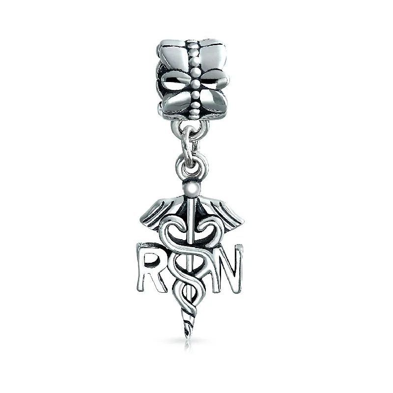 Beaded Stone Bracelets for Men-RN Nurse Hat Caduceus Dangle Charm Bead Sterling Silver for European Bracelet