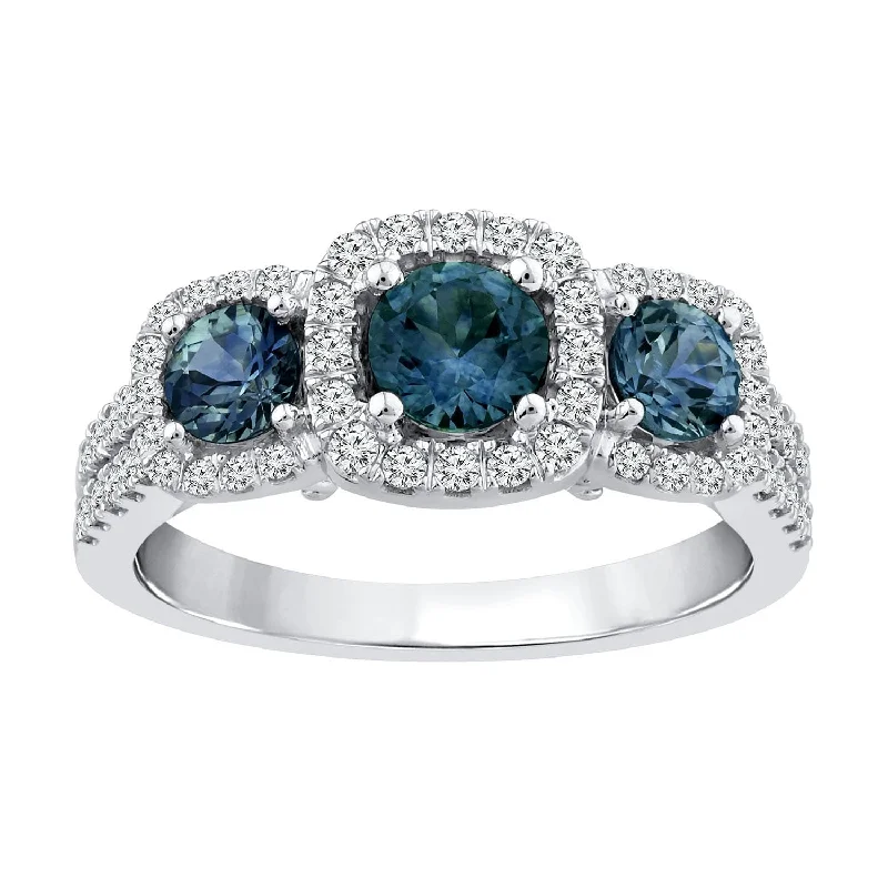 Custom Wedding Rings with Colored Stones-Three Stone Blue Sapphire and Diamond Ring