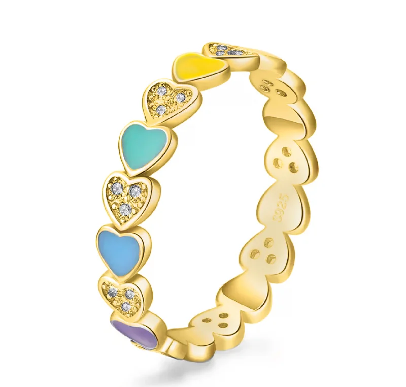 Personalized Promise Rings with Gemstones-Multi Color Enamel Pave Heart Ring