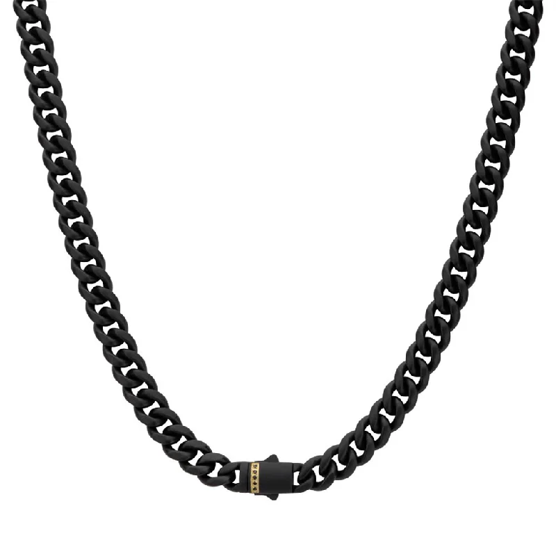 Statement Pendant Necklaces-8mm Black IP Steel Matte Finish Miami Cuban Chain Necklace with Genuine Black Sapphire Gemstones