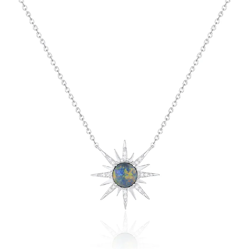 Layered Necklaces-14K White Gold Opal And Diamond Sunburst Necklace