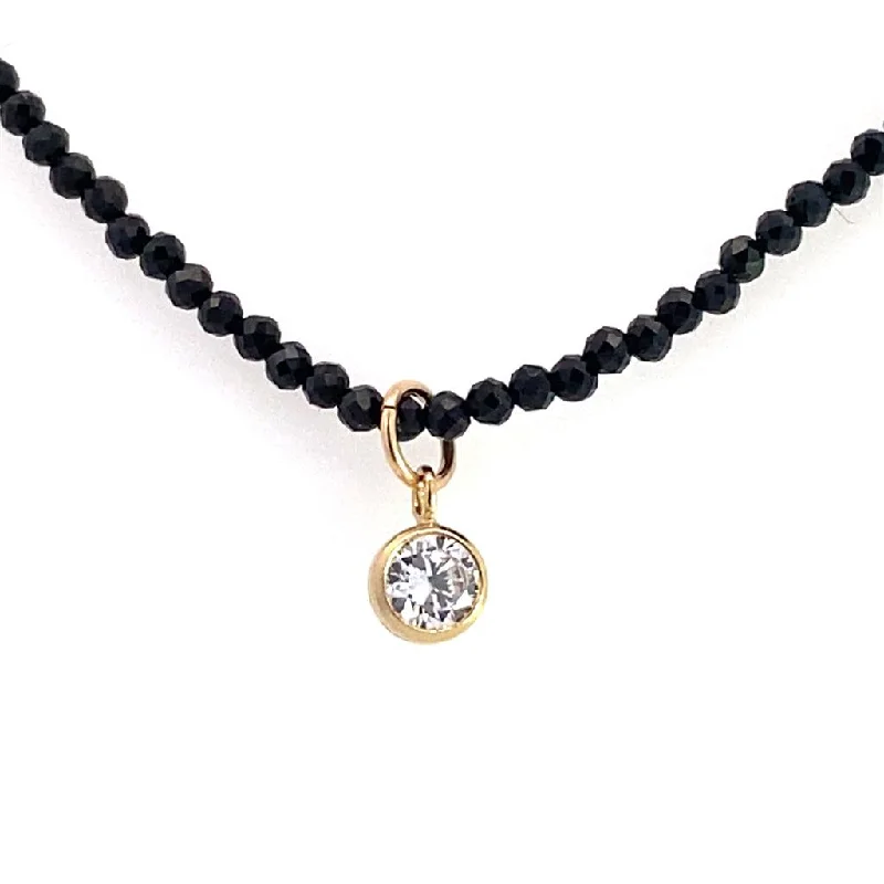 Gemstone Necklaces-Yellow Gold Filled Beaded Necklace With 3mm Spinel Beads And CZ Bezel