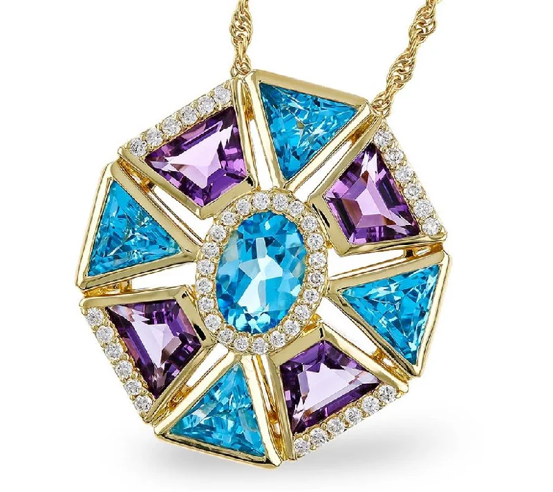 Custom Picture Necklaces-14K Yellow Gold Art Deco Inspired Amethyst And Blue Topaz Circle Pendant Necklace