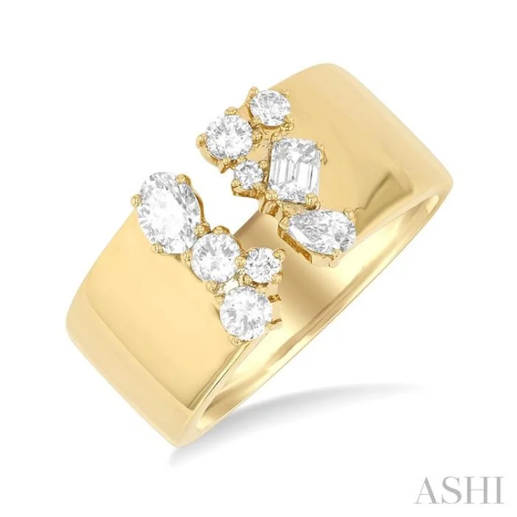 Designer Engagement Ring Sets-3/4 ctw Open Top Mixed Diamond Cut Wide Fashion Band in 14K Yellow Gold