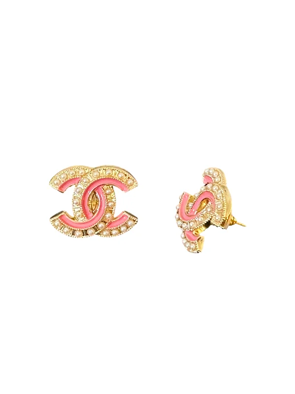 Gold Hoop Earrings with Diamonds-CC Cutout Pink & Pearl Button Earrings