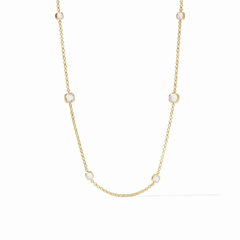 Trendy Necklaces-24K Yellow Gold Overlay 'Aquitaine' Station Necklace Length With Clear Crystals