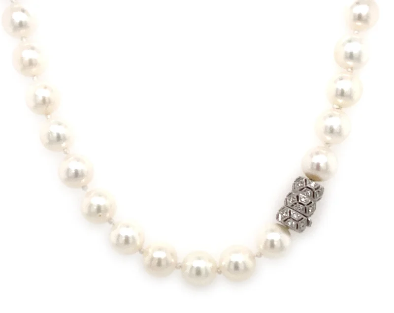 Fine Silver Necklaces-Japanese Cultured Pearls & Diamond Clasp Necklace