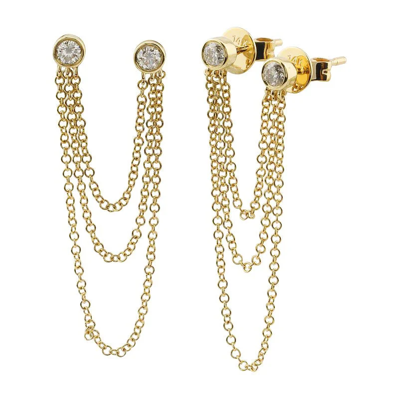 Elegant Gold Hoop Earrings-Bezel Diamond Triple Chain Earring