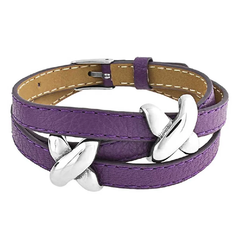 Vintage Style Bracelets-Boho Black Purple Leather Love Charm Triple Wrap Bracelet with Silver Buckle