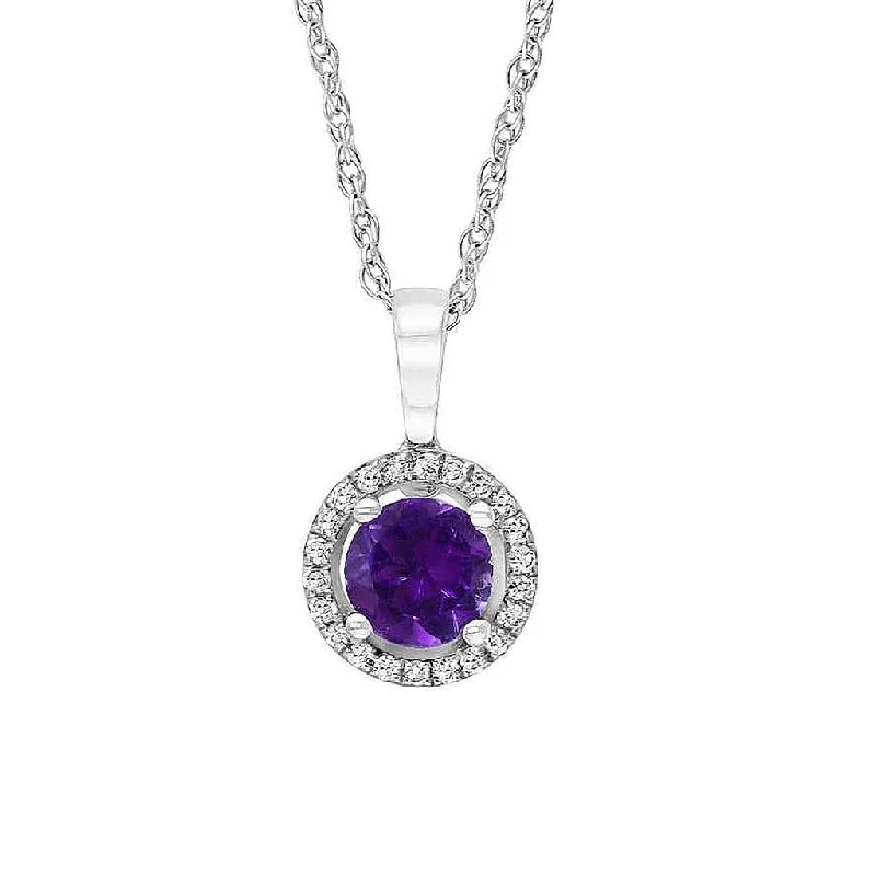 Opal Necklaces-February Birthstone Rings: 14K White Gold Diamond And Amethyst Halo Pendant Necklace