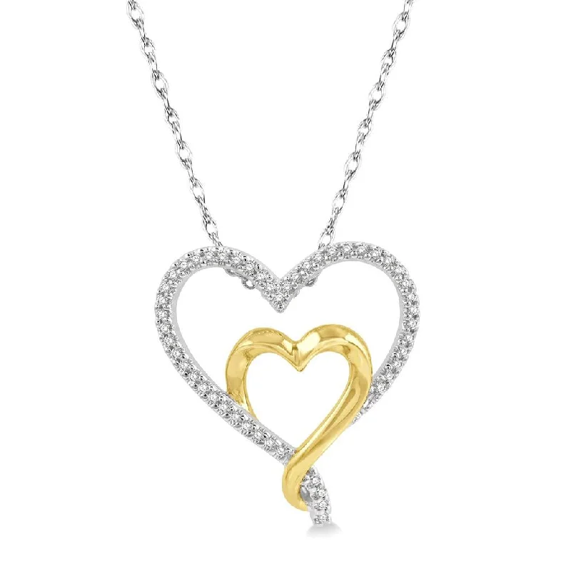 Adjustable Chain Necklaces-10K White And Yellow Gold Double Heart Diamond Pendant Necklace