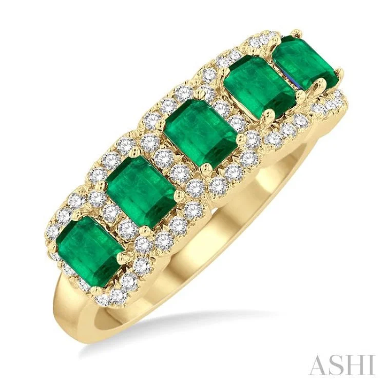 Vintage Custom Engagement Rings-4x3 MM Emerald Shape Emerald and 1/2 ctw Round Cut Diamond Precious Wedding Band in 14K Yellow Gold