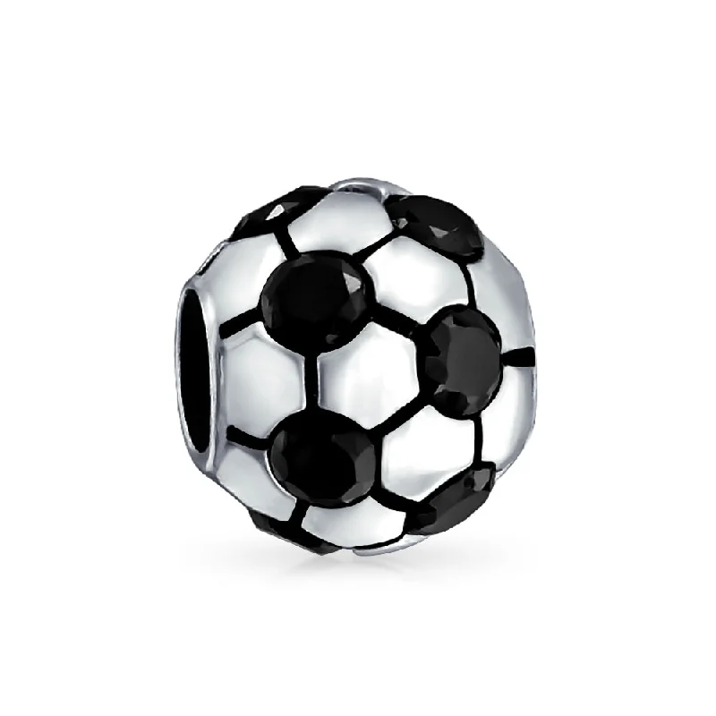 Bohemian Bracelets for Women-Black CZ Soccer Ball Mom Football Player Charm Bead Silver for European Bracelet