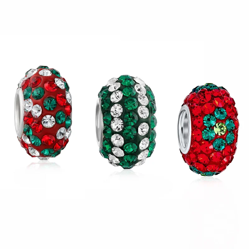 Engraved Bracelets for Bridesmaids-Christmas Charm Bead Red Green Flower Stripe Crystal Bundle for Bracelets