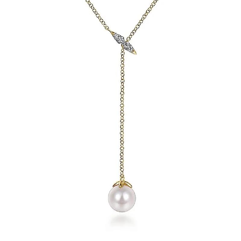 Pearl Necklaces-14K Yellow Gold Diamond Bar Y Necklace With Cultured Pearl Drop