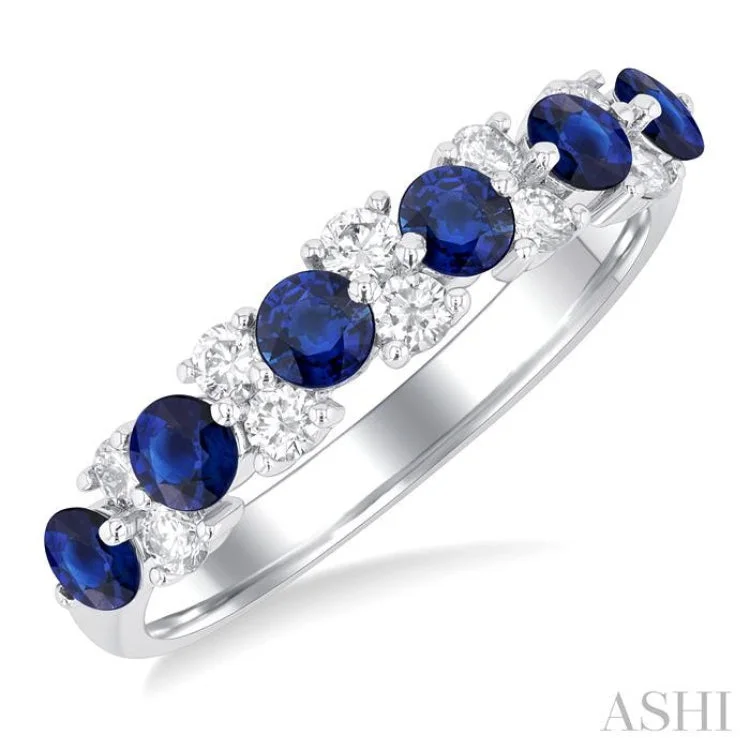 Custom Gemstone Promise Wedding Rings-3 MM Sapphire and 1/3 ctw Round Cut Diamond Precious Band in 14K White Gold