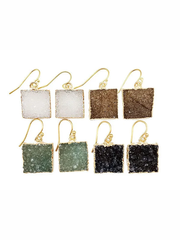 Geometric Hoop Earrings-Double Druzy Square Earrings