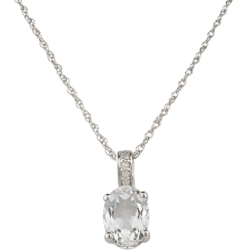 Custom Engraved Necklaces-April Birthstone Pendant: 14K White Gold Diamond And Oval White Topaz Pendant Necklace