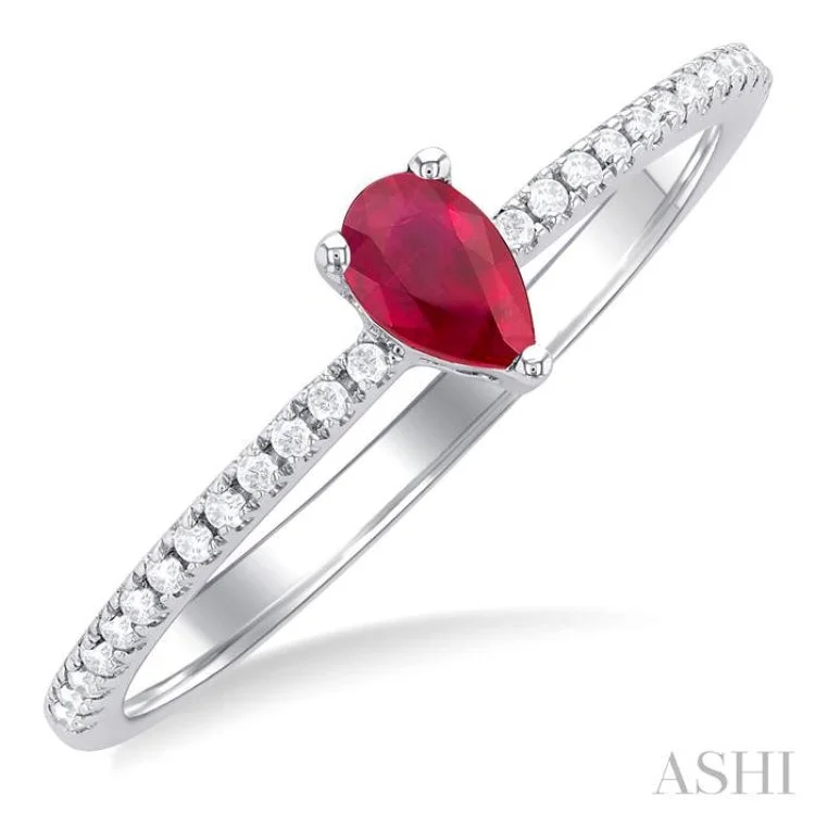 Fashionable Engagement Ring Designs-5x3 MM Pear Cut Ruby and 1/10 ctw Petite Round Cut Diamond Precious Fashion Ring in 10K White Gold