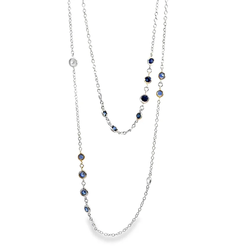 Energy Necklaces-Long Diamond & Sapphire Bezel Station Necklace