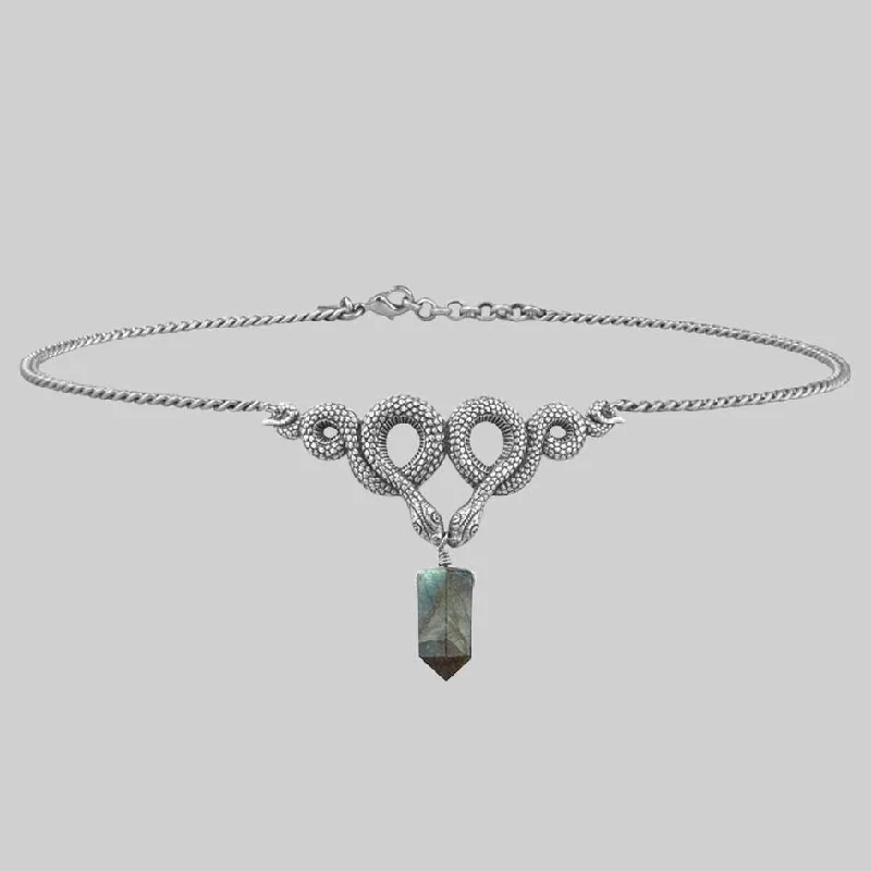 Christmas Necklaces-A DARK LURE. Snake & Labradorite Gemstone Chain Choker