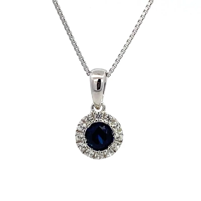 Layered Chain Necklaces-September Birthstone Pendant: Sterling Silver Synthetic Sapphire Halo Pendant Necklace