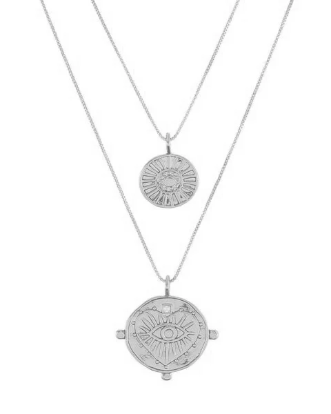 Vintage Silver Necklaces-Evil Eye Double Coin Necklace- Silver