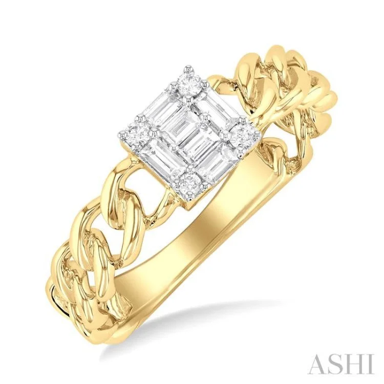 Classic Wedding Rings with Birthstones-1/4 ctw Fusion Baguette and Round Cut Diamond Curb & Cuban Link Fashion Ring in 14K Yellow Gold