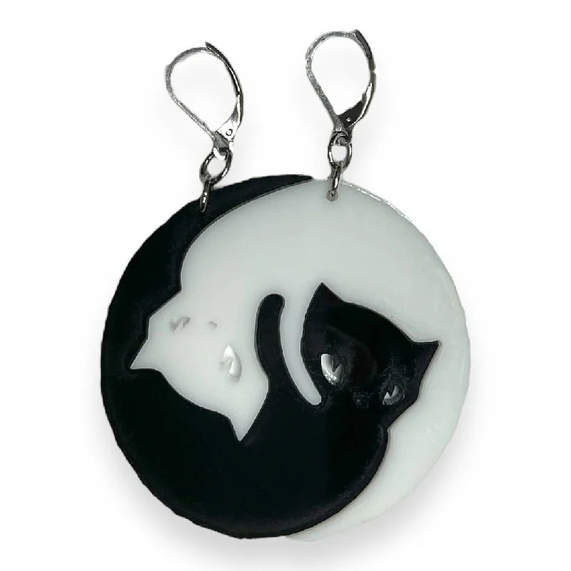 Colorful Drop Earrings-Emily The Strange® Yin Yang Cat Mismatched XL Ear Hooks